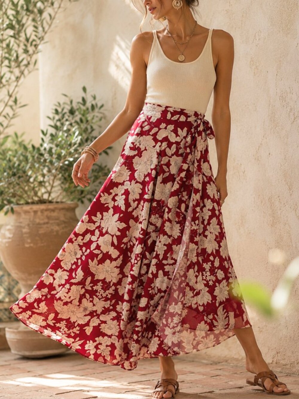 Indian Silk Blend Floral Wrap Midi Skirt Red Ivory One Size Boho Artisan EUC